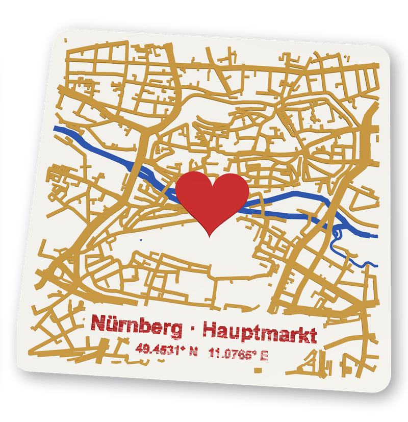 3D-Karte der Nürnberger Altstadt: weiße Platte mit Relief, goldene Straßen, blaue Pegnitz, rotes Herz in der Mitte, Beschriftung Nürnberg Hauptmarkt